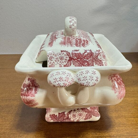 Vintage Gravy Boat Tureen Pink and White Transfer Ware Mushrooms Antique - Picture 7 of 13